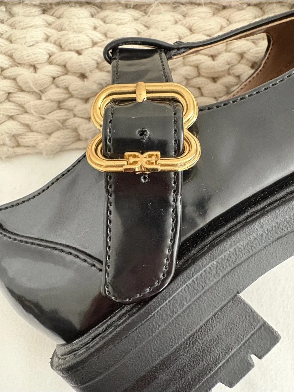 Sam Edelman Black Patent T-Strap Mary Jane’s with Gold Buckle